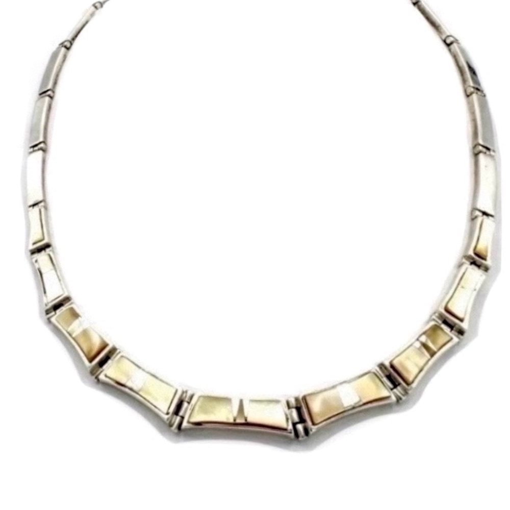 Signed - Calvin Begay Navajo Mother of Pearl Tigers Eye Sterling 16” Necklace